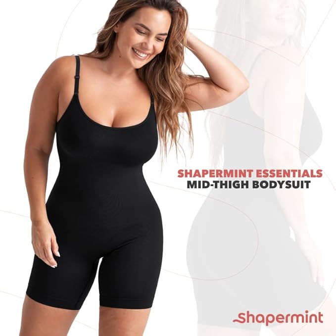 Shapermint Essentials Mid Thigh Bodysuit Tummy Control Shapewear  Black Size XL