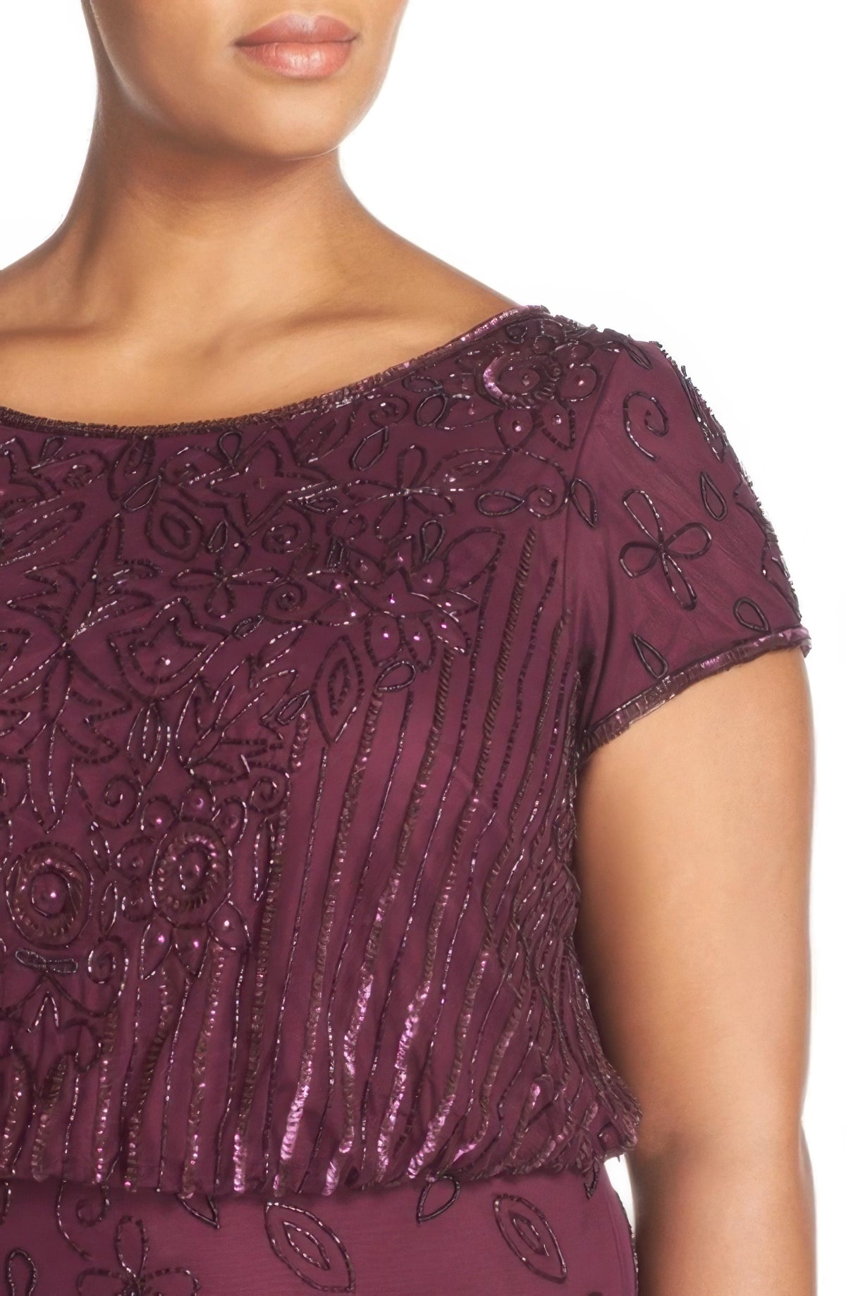 Adrianna Papell Plus Size Short Sleeve Beaded Gown  Cassis Size 18W