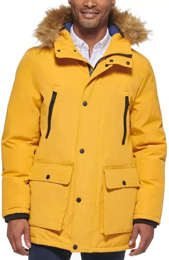 Club Room Men's Parka Vegan Fur-Hood Jacket  Color Yellow Size XL