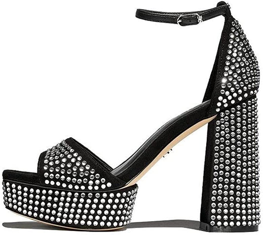 Sam Edelman Nellie Glitz Block Heel Ankle Strap Open Toe Heeled Sandals  Color Black Size 9.5M