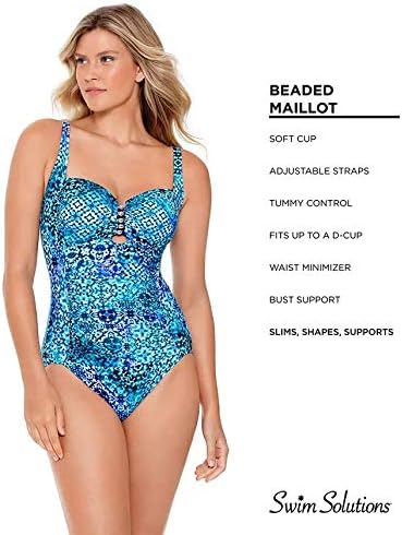 Swim Solutions Santorini Beaded Maillot Strappy-Front One Piece Swimsuit  Color Blue Size 10