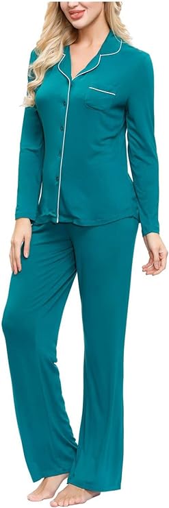 INK+IVY Women's Rayon Long Sleeve Button Top & Trouser Pajama Set  Color Evergreen Size XL