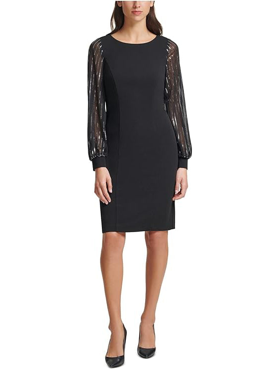 Jessica Howard Women's Petites Chiffon-Sleeve Sequin Sheath Dress  Color Black Size 12P