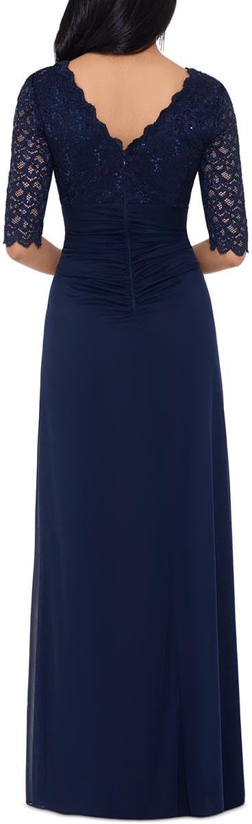 Betsy & Adam Lace-Top Waterfall-Detail Gown  Color Navy Blue Size 6