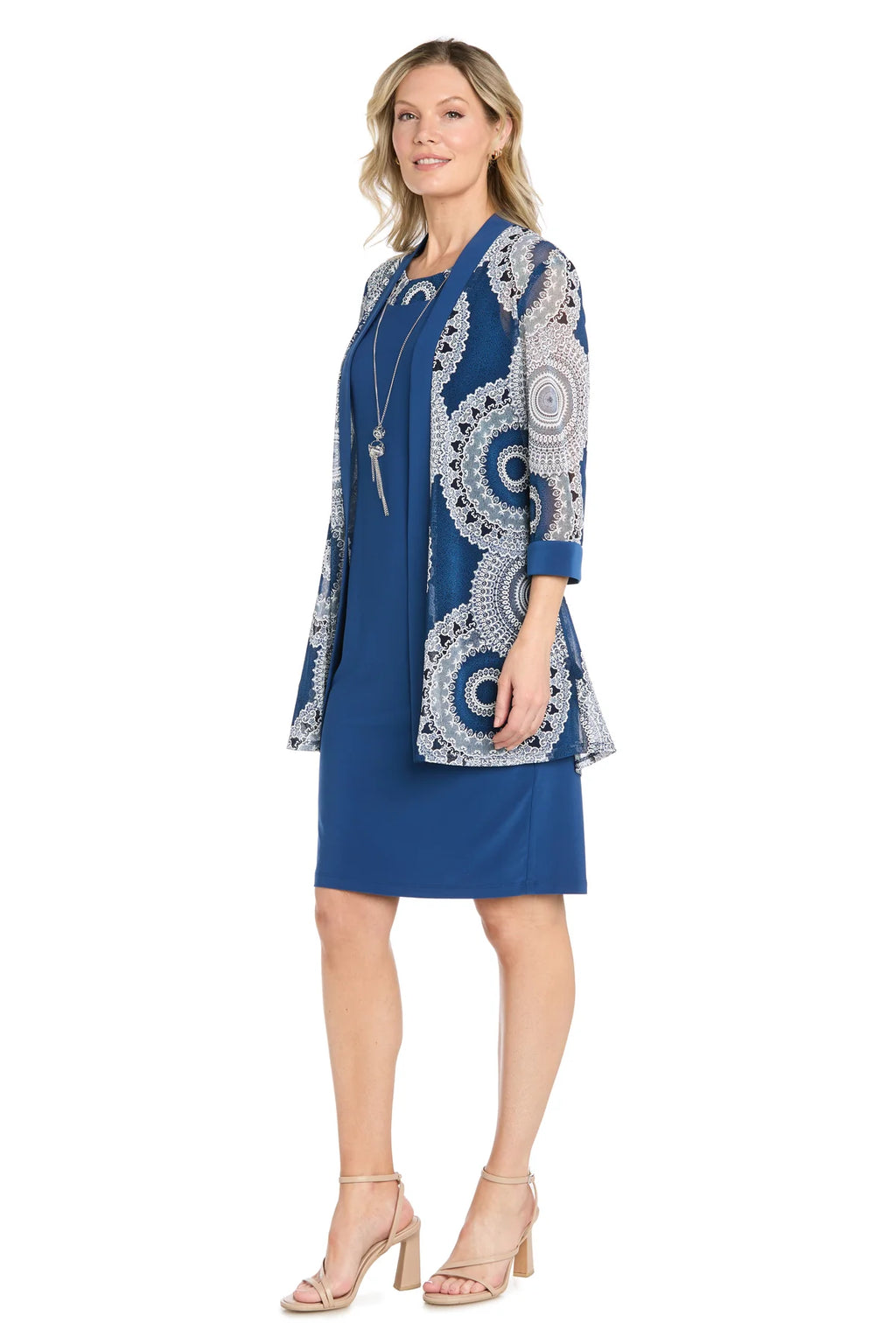 R&M Richards Petite Lace-Print Mesh Jacket Dress  Denim Size 14P
