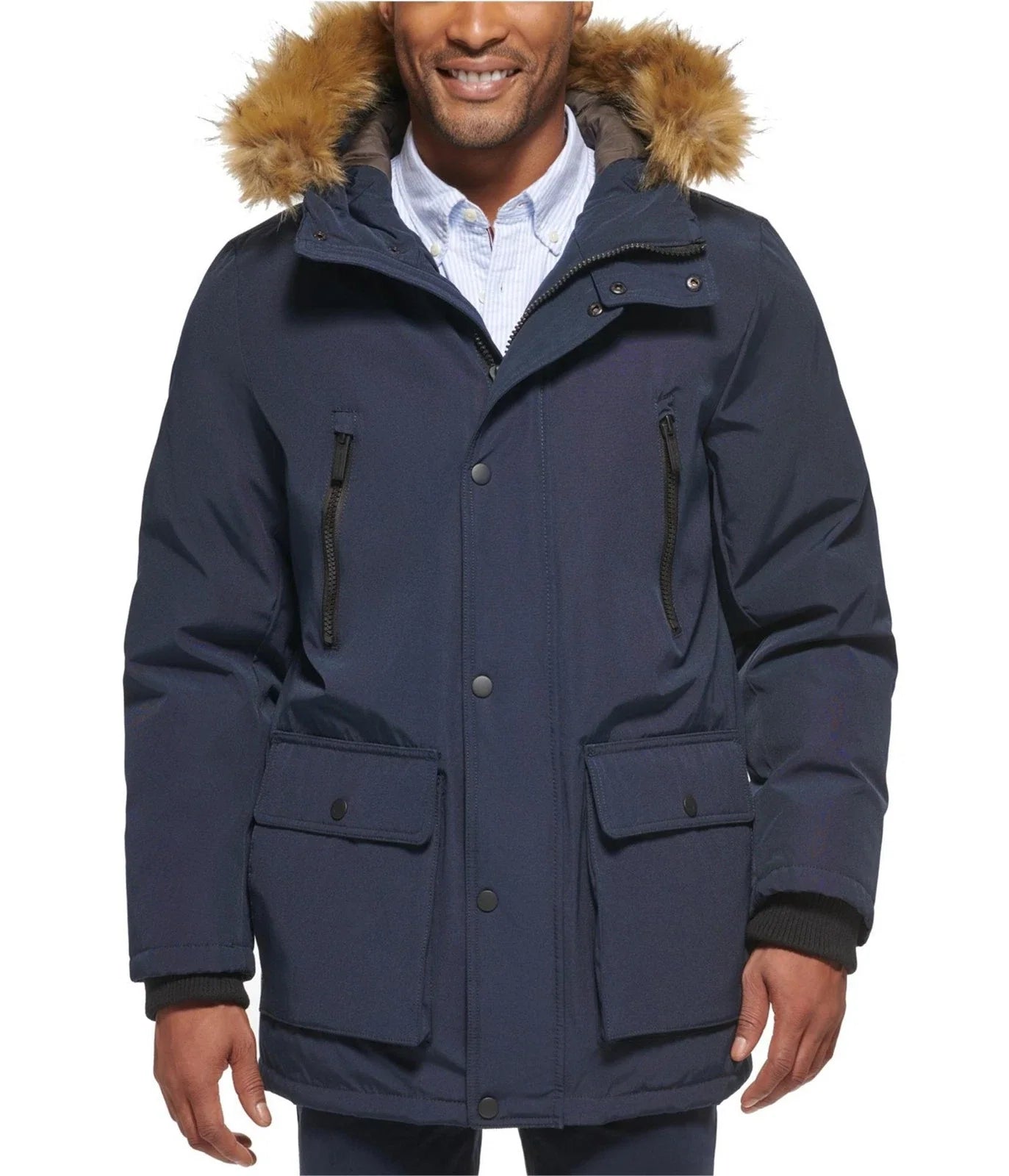 Club Room Men's Parka Faux Fur-Hood Coat  Navy Size L
