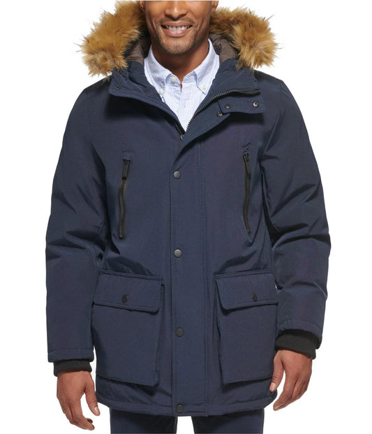 Club Room Men's Parka Faux Fur-Hood Coat  Navy Size L