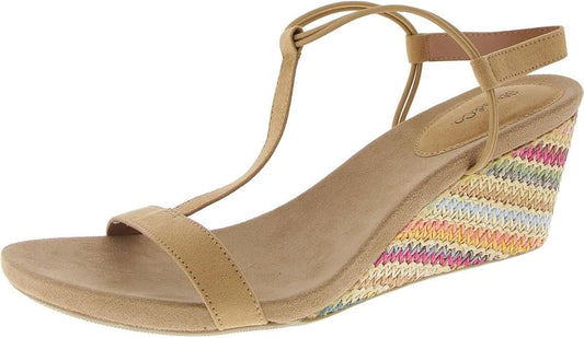 Style & Co Women's Mulan Faux Suede Wedge Sandals  Khaki Rainbow Raffia Size 6.5