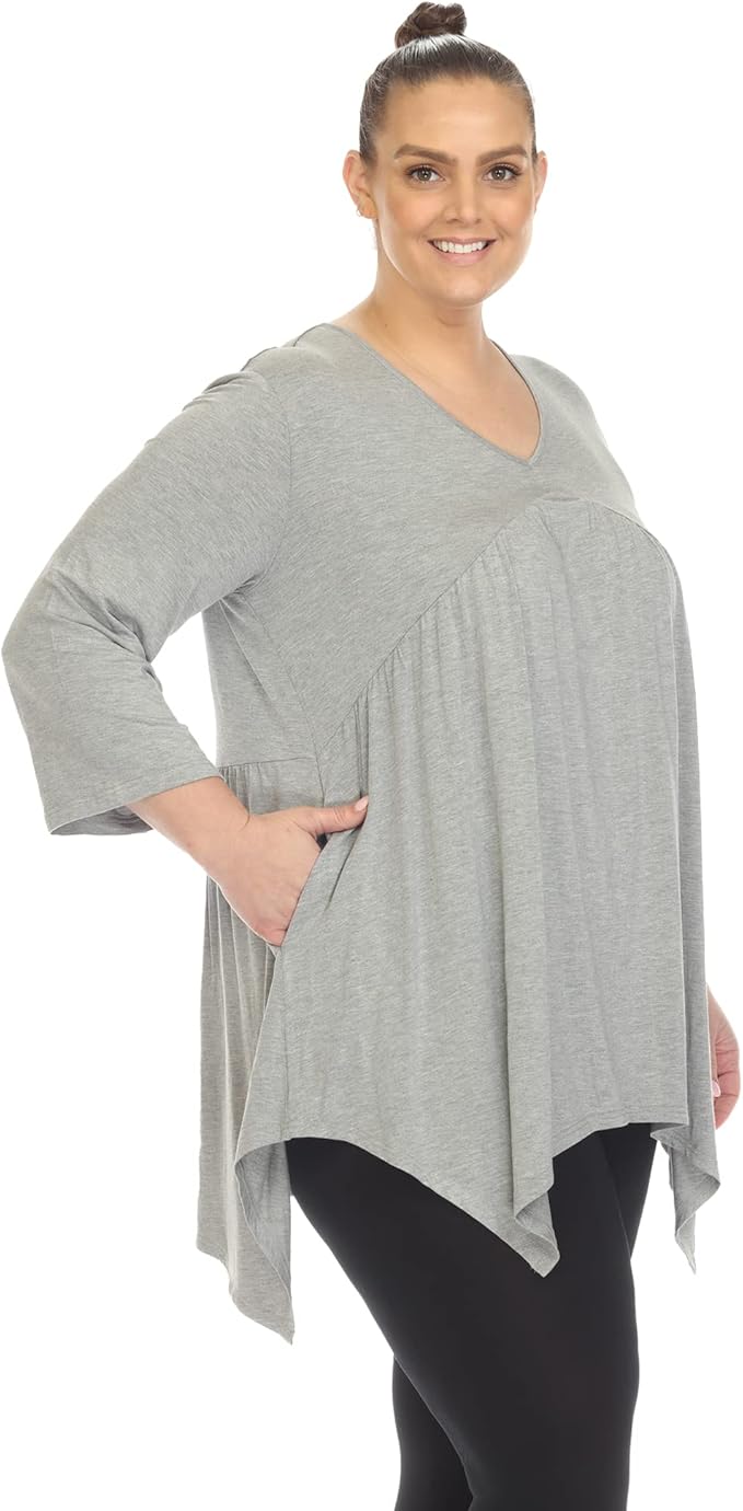 White Mark Women's Empire Waist V-Neck 3/4 Sleeve Tunic Top  Heather Gray Size XL