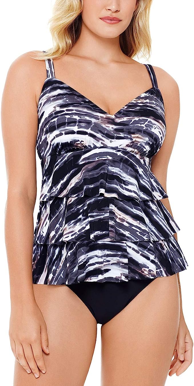 Swim Solutions Women's Printed Tiered Tummy-Control One-Piece Swimsuit  Coastal Plates Black Size 12