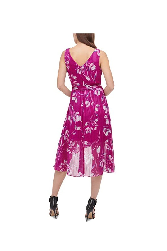 DKNY Tie Ruffled Metallic Floral Cocktail Wrap-Style Dress  Color Berry Multi Size 4