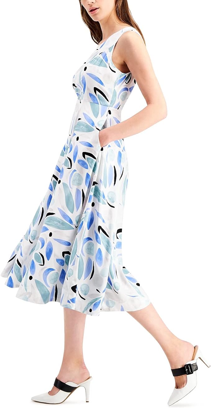 Alfani Women's Printed Fit & Flare Dress  Blue Size 14