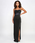 Emerald Sundae Juniors Drape-Front Long Sateen Gown  Color Black Size M