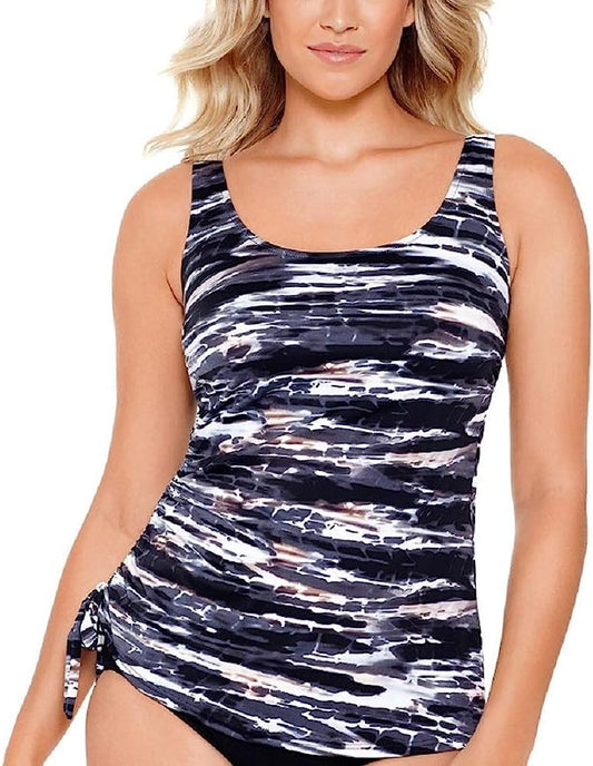 Swim Solutions Printed Side-Tie Tankini Top  Color Coastal Plates Black Size 18