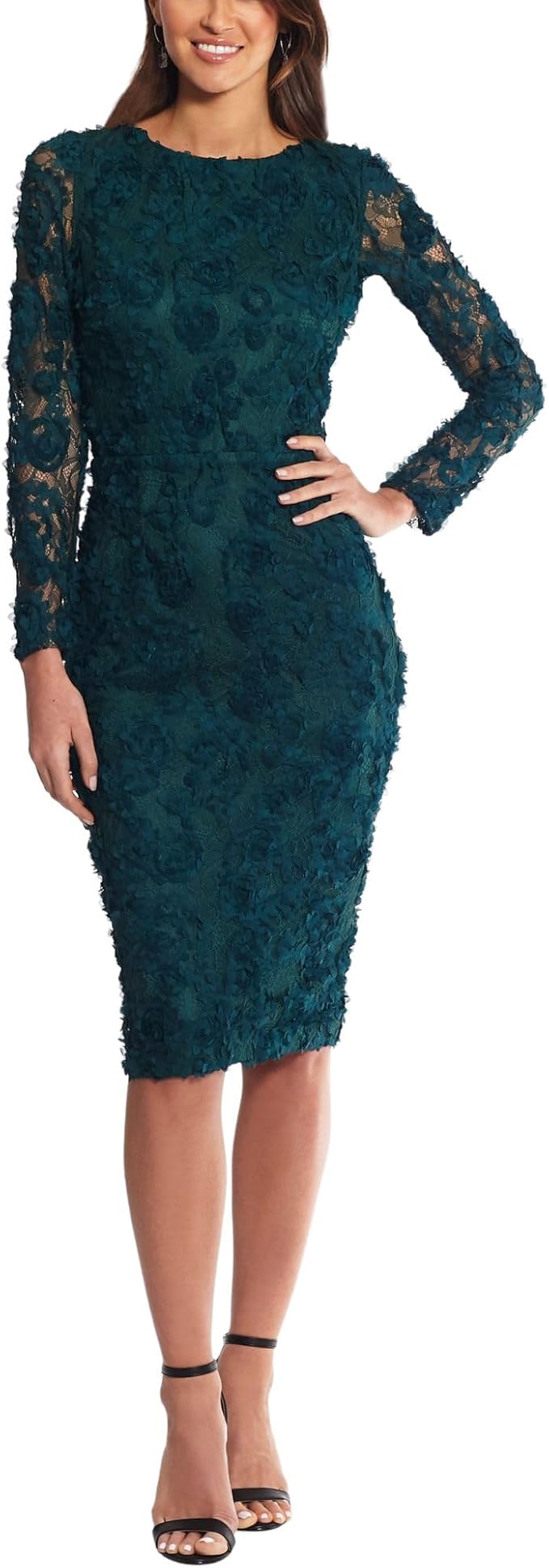 XScape Long Sleeve Raised Floral Lace Midi Length Dress  Hunter Green Size 12