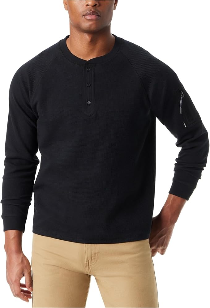 BASS OUTDOOR Men’s Relaxed Fit Performance Thermal Long Sleeve Henley  Black Beauty Size M