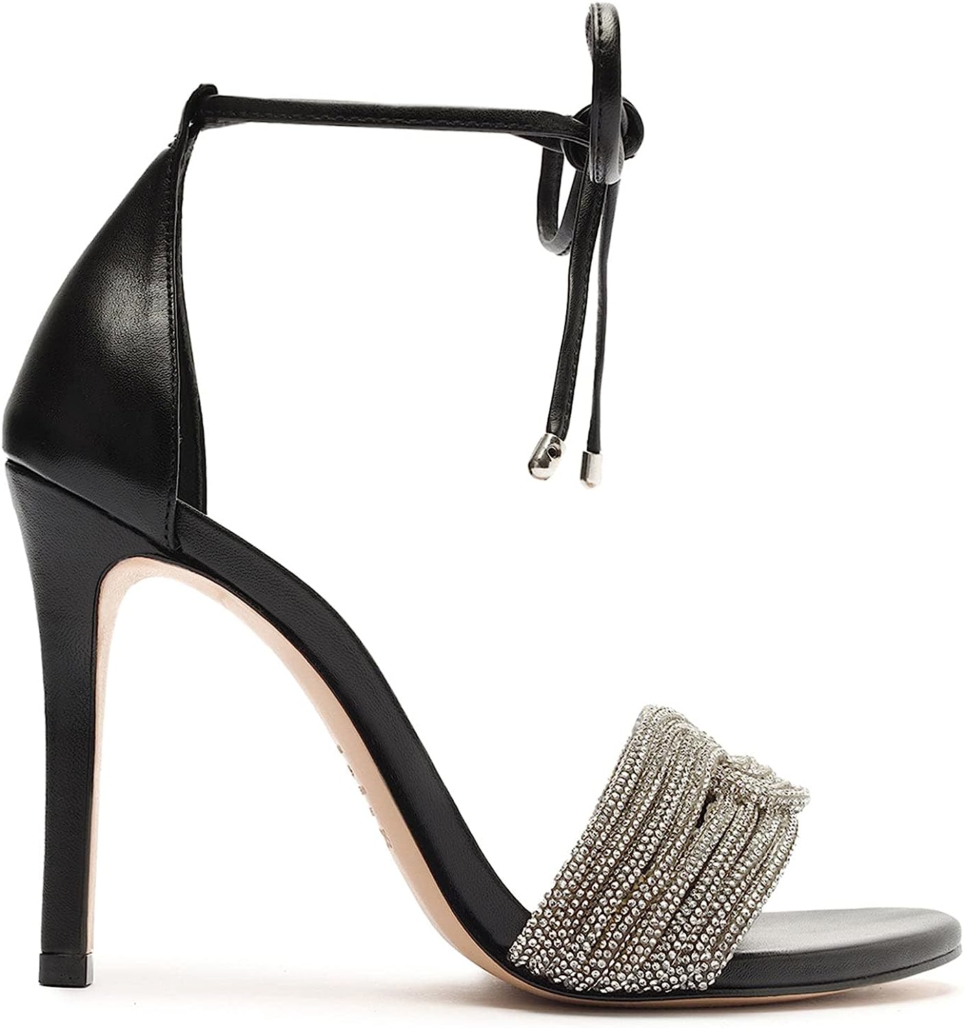Schutz Andy Embellished Leather Heeled Ankle-Tie Sandals   Color Black/Cristal Size 7.5B