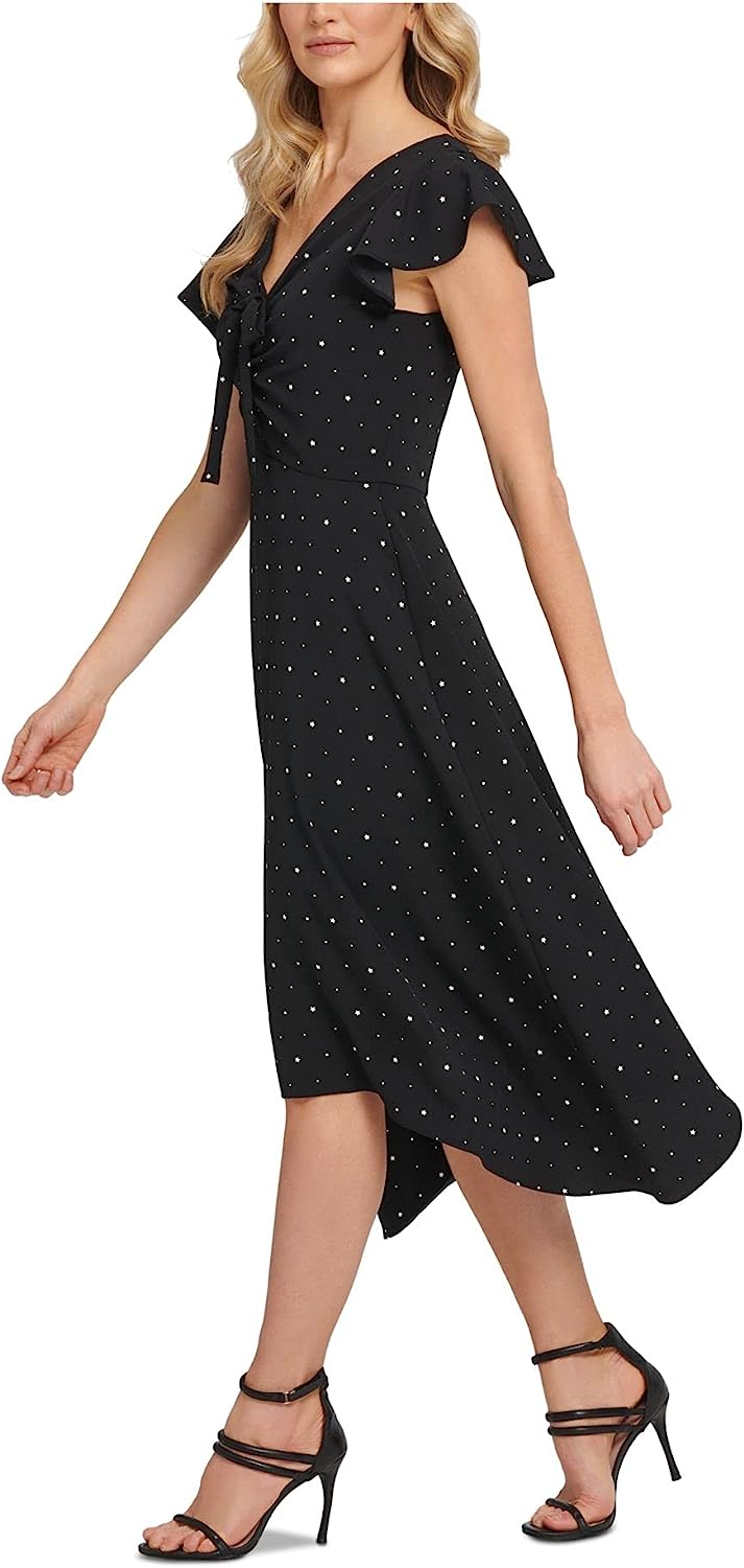 DKNY Starry Ruched Tie-Front Dress  Color Black/Cream Size 12