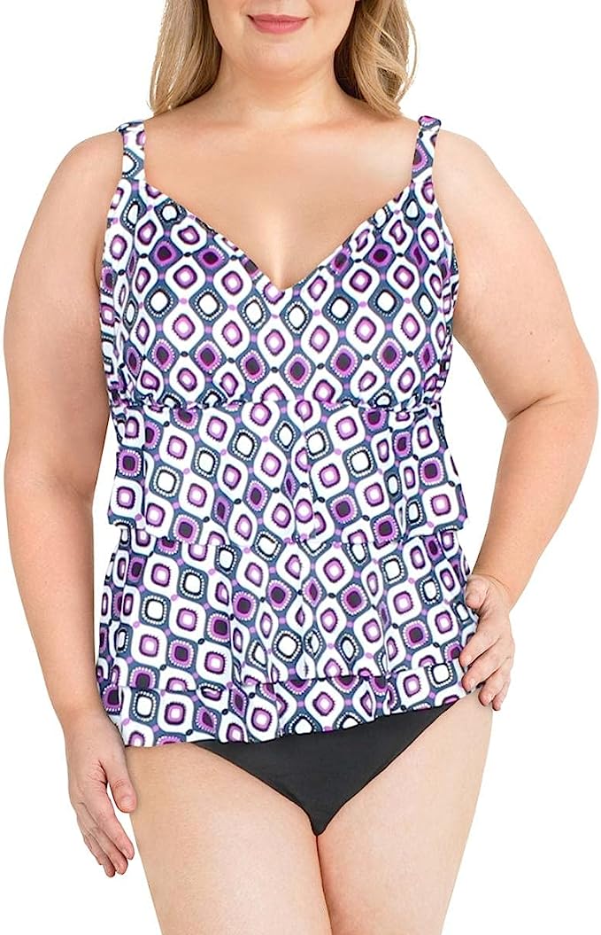 Swim Solutions Jewels Tiered Tummy Control One-Piece Swimsuit  Color Purple Multi Size 24W