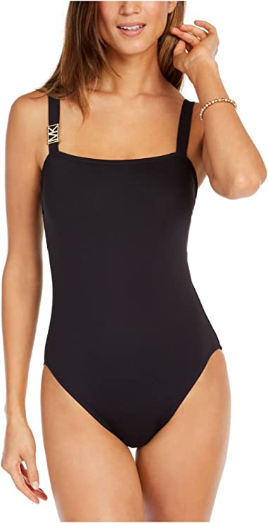 Michael Kors Square-Neck Logo One-Piece Swimsuit  Color Black Size 4