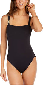 Michael Kors Square-Neck Logo One-Piece Swimsuit  Color Black Size 6