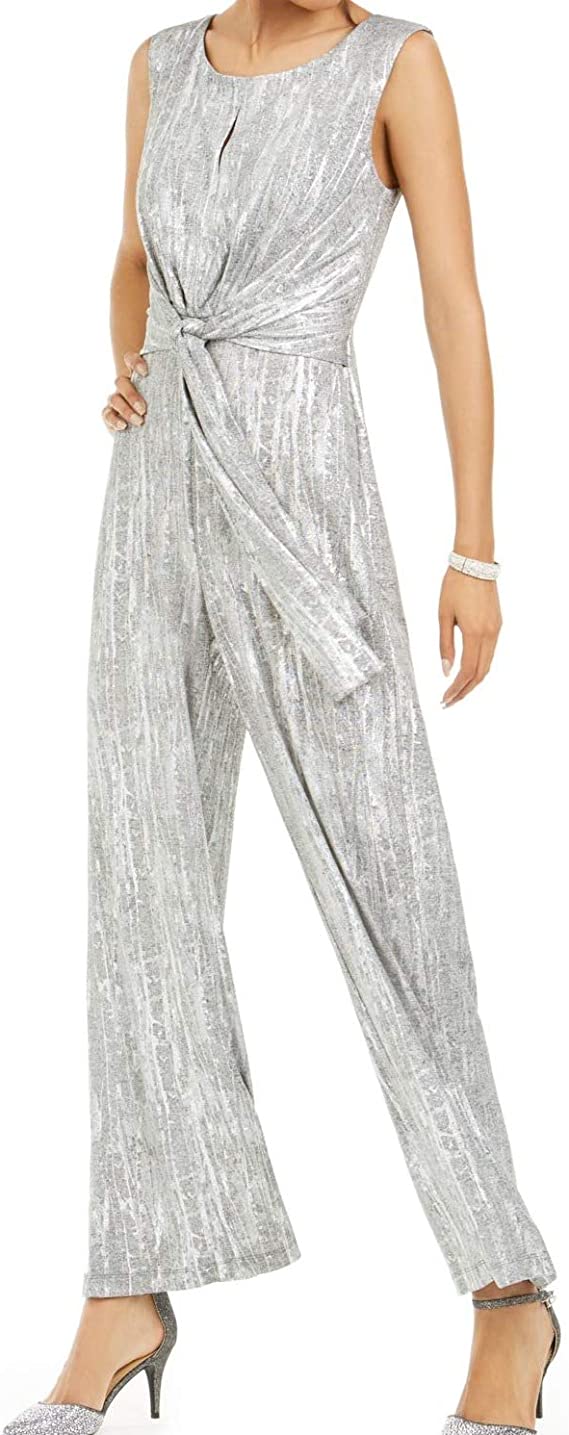 Connected Apparel Womens Keyhole Wide Leg Jumpsuit  Color Silver Size 10