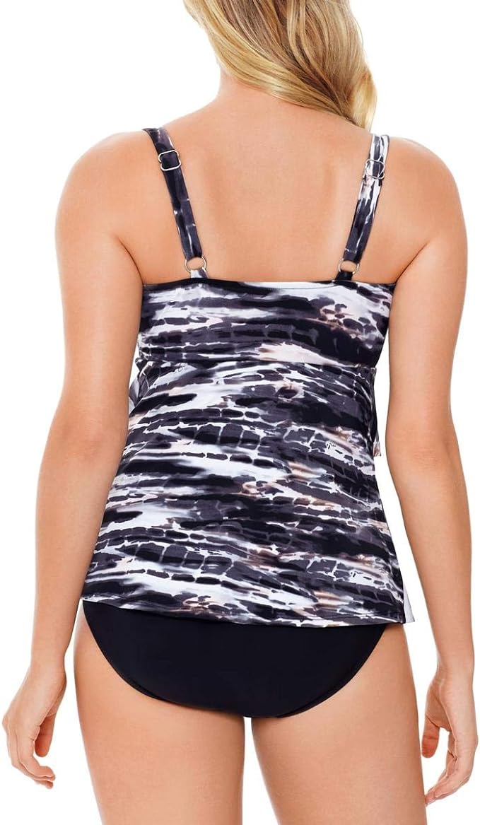 Swim Solutions Printed Side-Tie Tankini Top  Color Coastal Plates Black Size 18