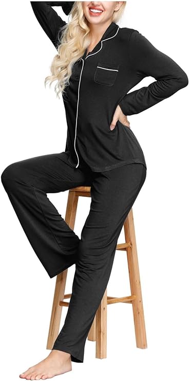 INK+IVY Women's Rayon Long Sleeve Button Top & Trouser Pajama Set  Color Black Size S