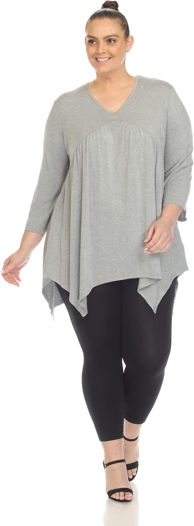 White Mark Women's Empire Waist V-Neck 3/4 Sleeve Tunic Top  Heather Gray Size XL