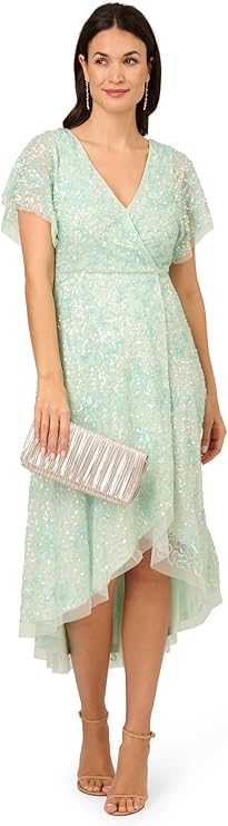 Adrianna Papell Womens Embellished Wrap-Style Long Gown  Color Mint Glass Size 16
