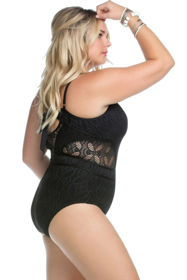 Becca ETC by Rebecca Virtue Plus Size Play Sheer Cut Out One Piece Swimsuit  Color Black Size 3X