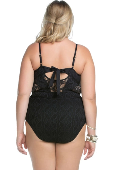 Becca ETC by Rebecca Virtue Plus Size Play Sheer Cut Out One Piece Swimsuit  Color Black Size 3X