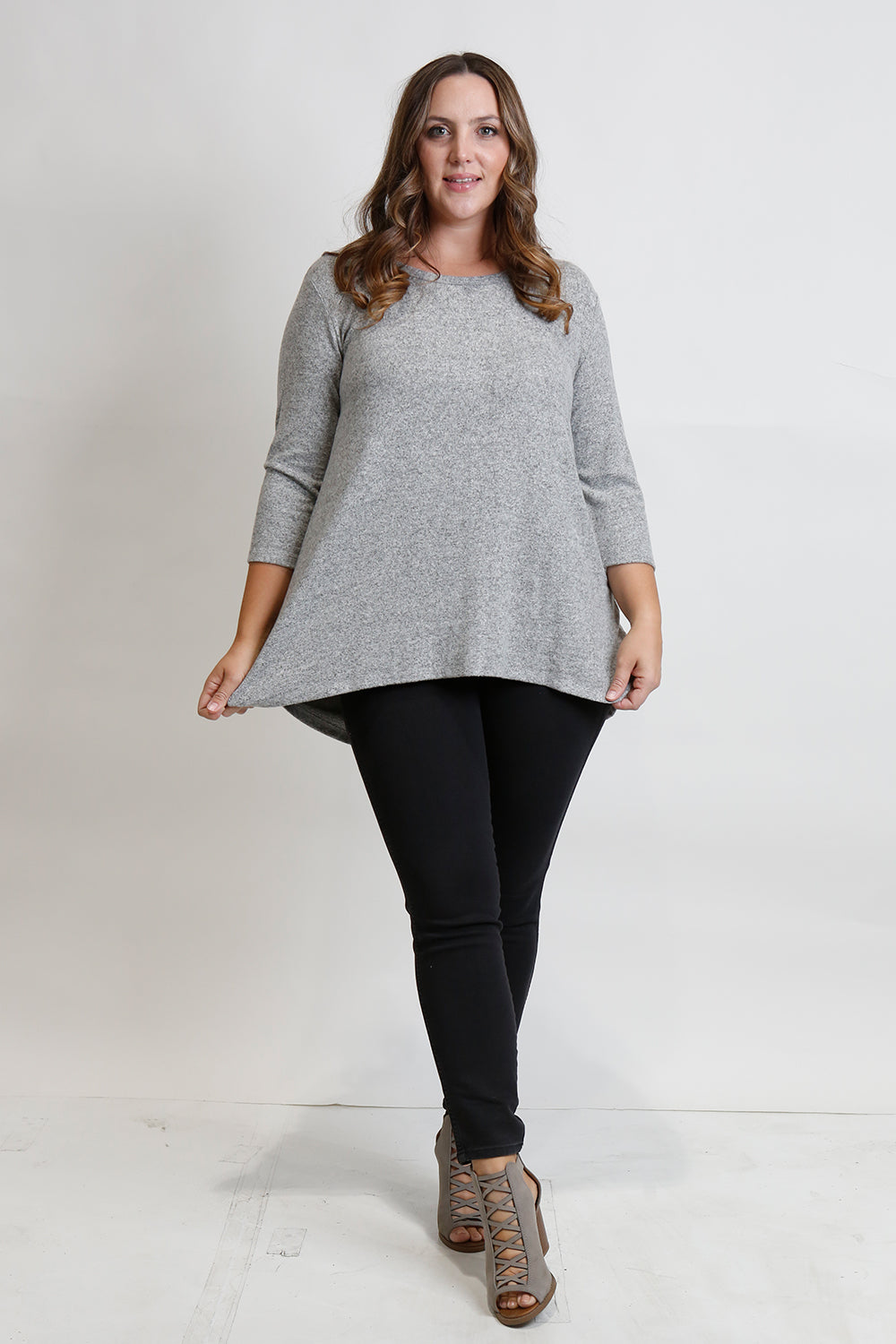 Coin 1804 Women's Plus Cozy Knit Button Back Hi-Lo  Color Heather Gray Size 1X