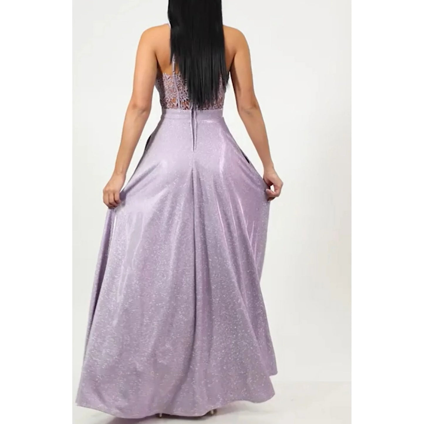 City Studios Juniors Sleeveless Glitter Lace-Back Evening Dress  Lavender Size 5/6