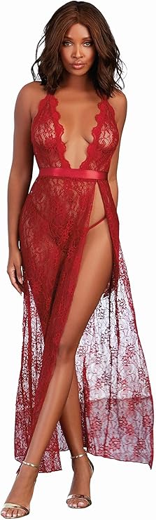 Dreamgirl Women's Lace Halter Gown & G-String Set  Garnet Size S