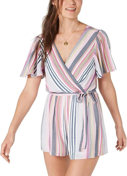 Trixxi Junior's Printed Surplice Neckline Casual Romper  Pink Size XL