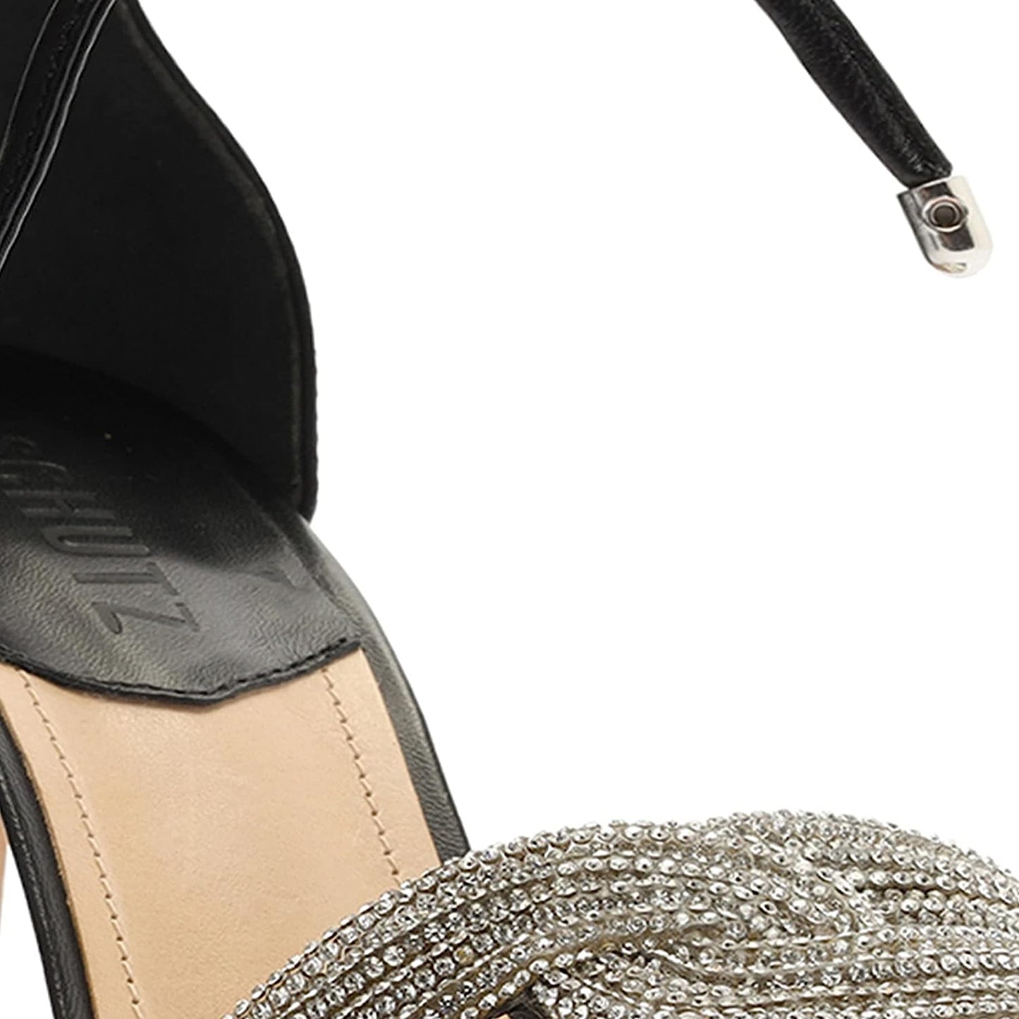 Schutz Andy Embellished Leather Heeled Ankle-Tie Sandals   Color Black/Cristal Size 7.5B