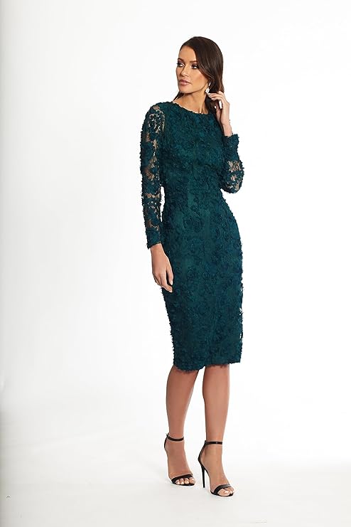 XScape Long Sleeve Raised Floral Lace Midi Length Dress  Hunter Green Size 12
