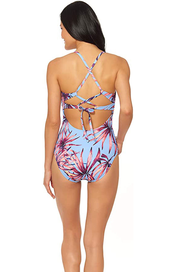 Jessica Simpson Palmy Days Camisole One-Piece Swimsuit  Color Lilac Palm Print Size XL