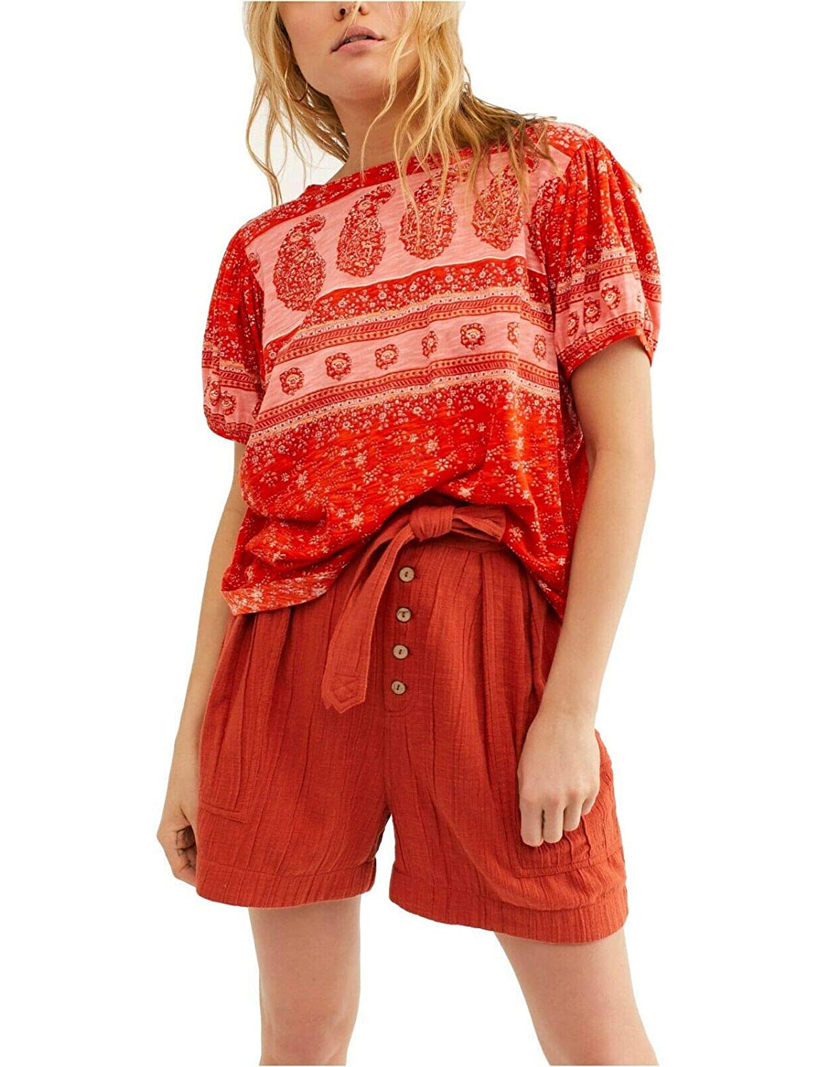 Free People Women’s Paisley Puff Sleeve T-Shirt OB1143967