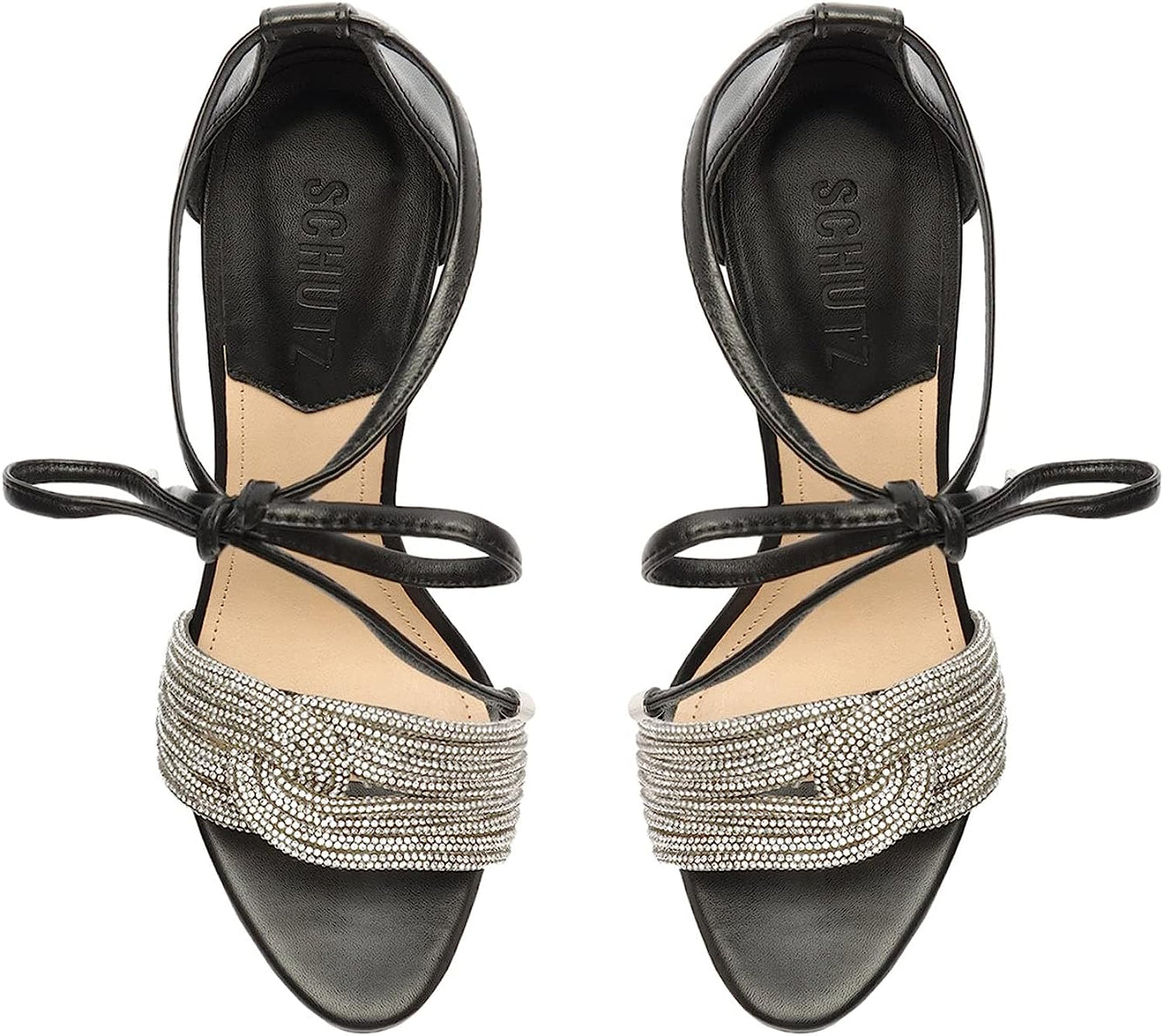 Schutz Andy Embellished Leather Heeled Ankle-Tie Sandals   Color Black/Cristal Size 8B