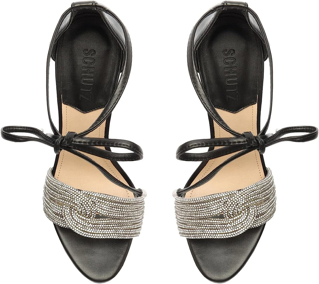 Schutz Andy Embellished Leather Heeled Ankle-Tie Sandals   Color Black/Cristal Size 6.5B