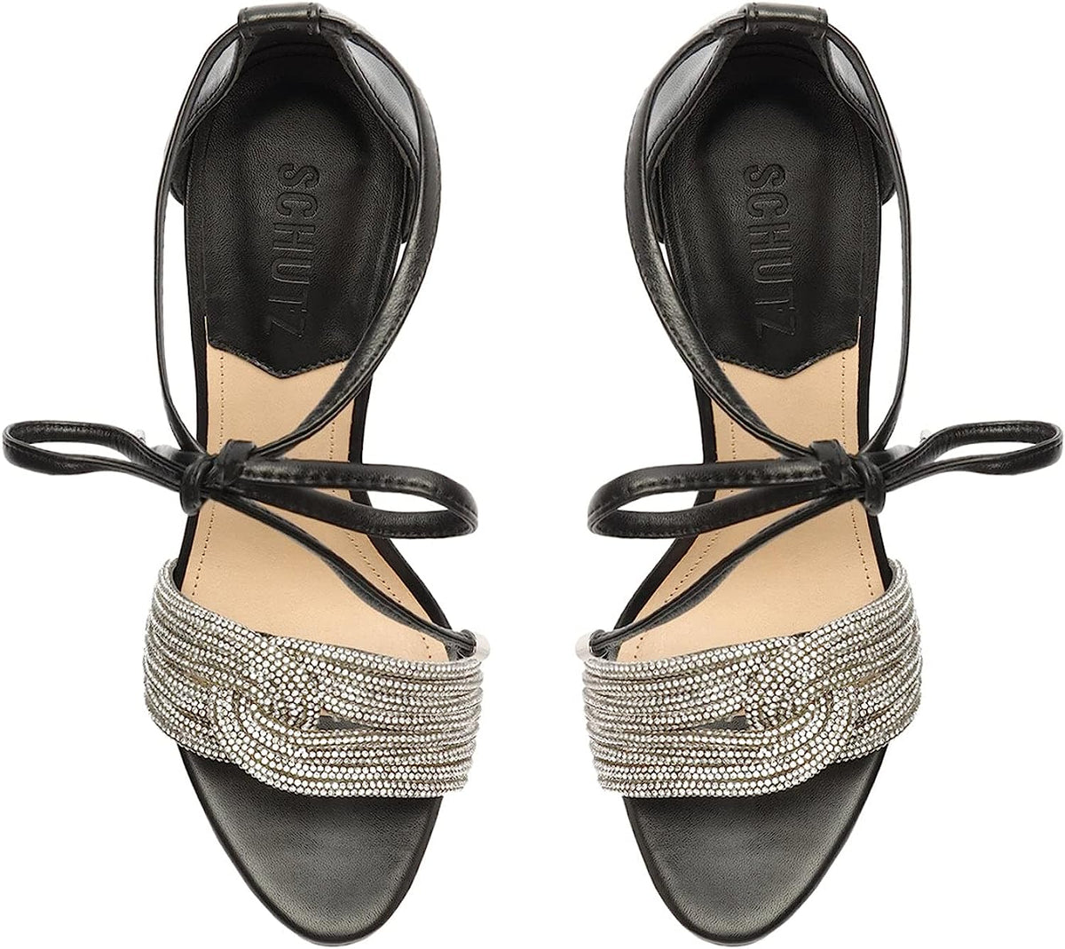 Schutz Andy Embellished Leather Heeled Ankle-Tie Sandals   Color Black/Cristal Size 6.5B