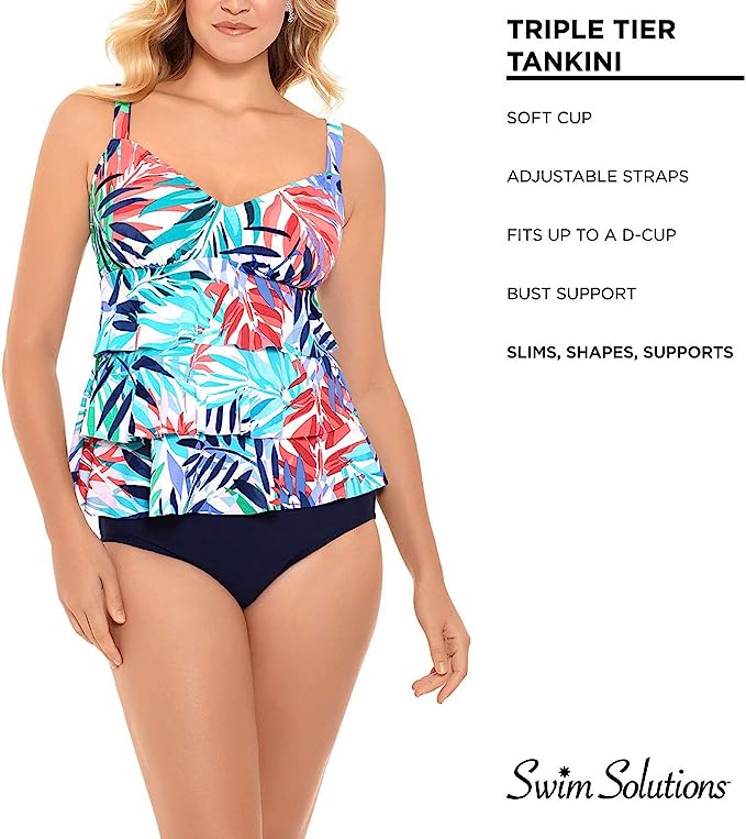 Swim Solutions Women's Printed Tiered Tankini Top  Color Palm Springs Size 8