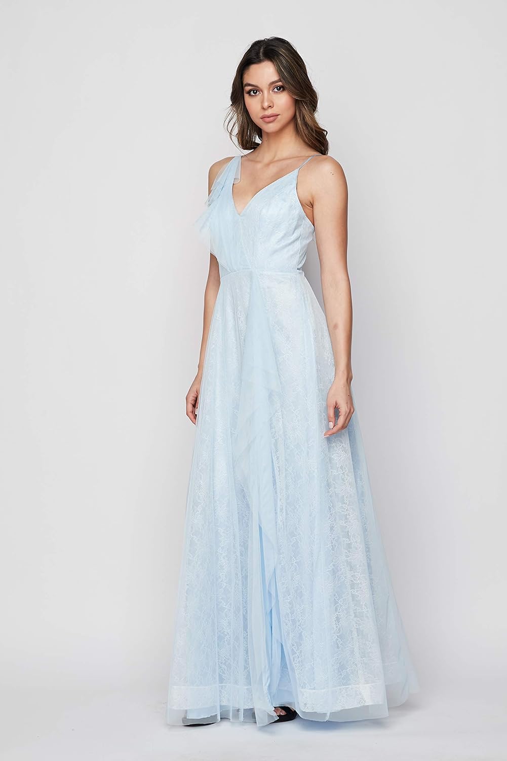 Teeze Me Formal Flowy Ruffle Lace Slit Gown  Color Light Blue Size 3