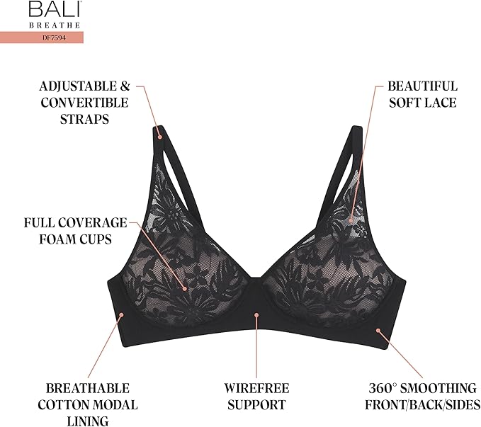 Bali Women's Breathe Wireless Modal T-Shirt Bra  Black Size M