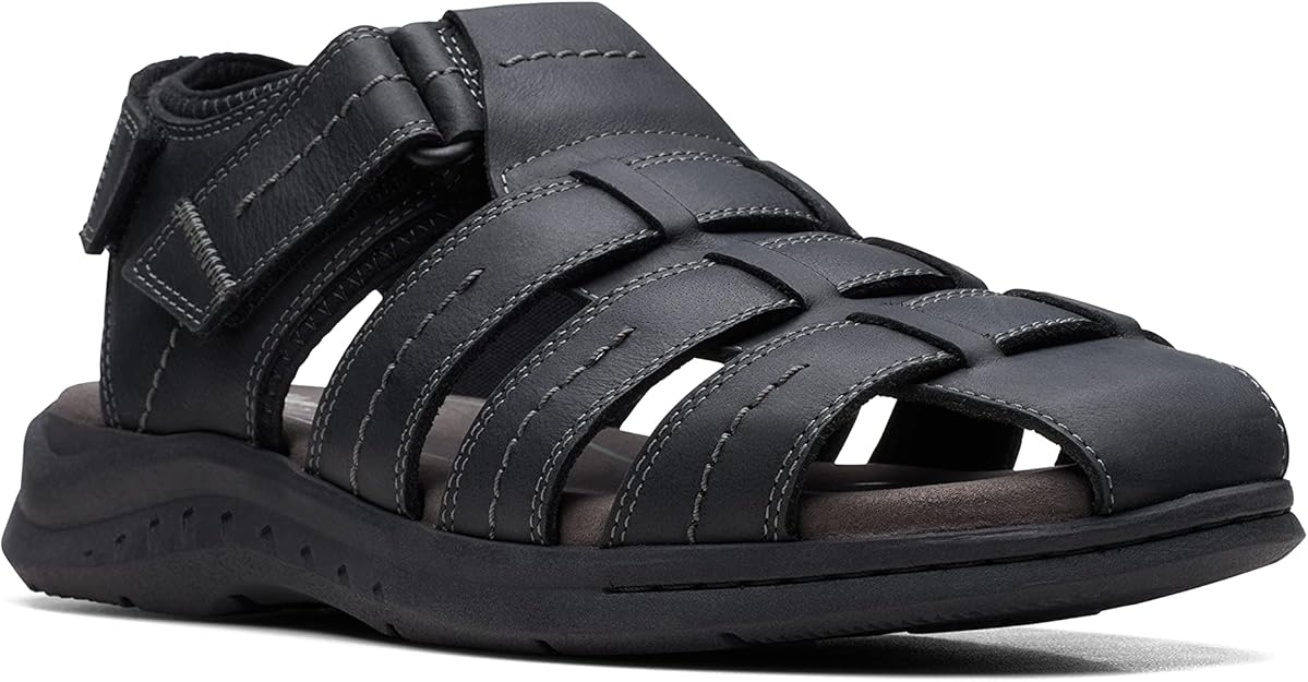 Clarks Men's Walkford Fish Tumbled Leather Sandals   Black Tumbled Size 10