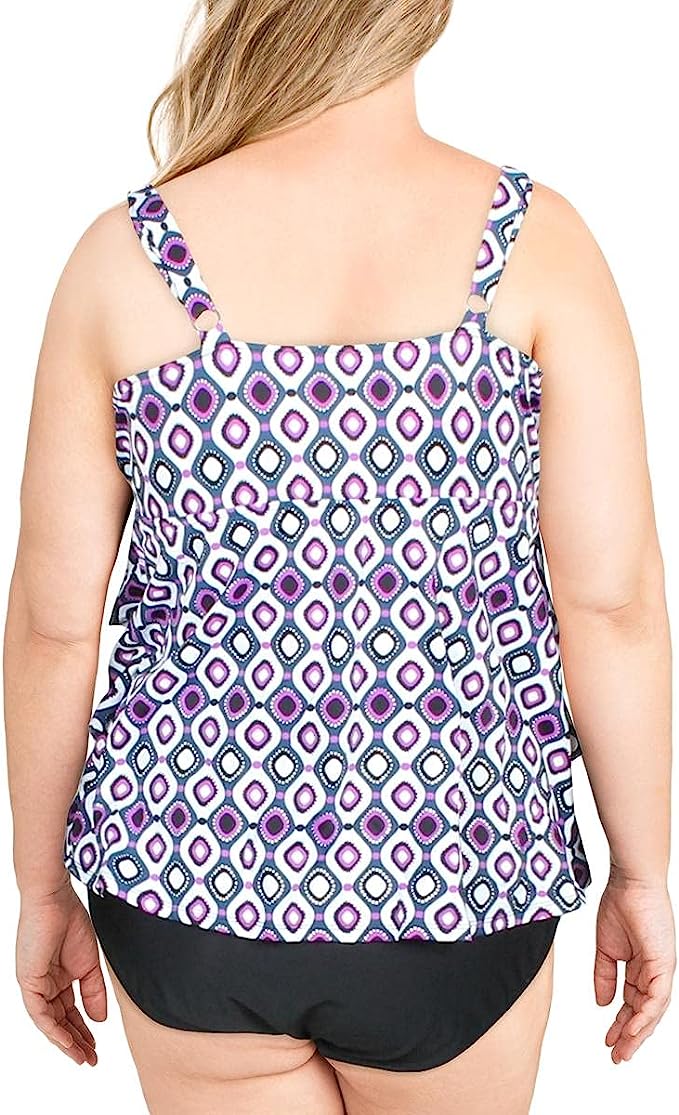 Swim Solutions Jewels Tiered Tummy Control One-Piece Swimsuit  Color Purple Multi Size 22W