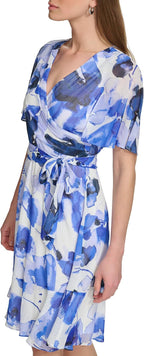 DKNY Women's Surplice-Neck Cape-Sleeve Chiffon Dress  Marine Multi Size 8 (No Tag)