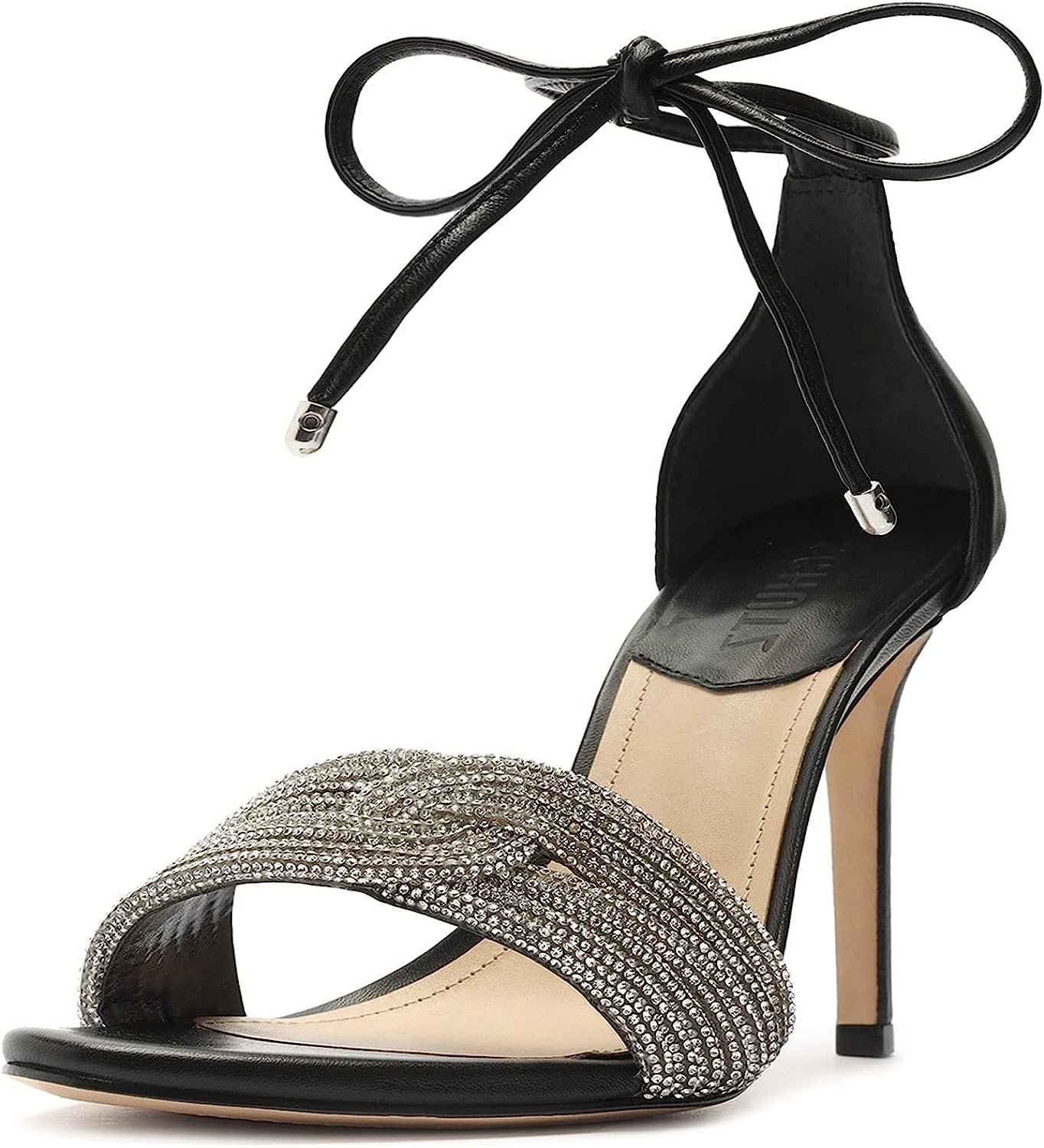 Schutz Andy Embellished Leather Heeled Ankle-Tie Sandals   Color Black/Cristal Size 6.5B